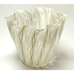 Vintage Murano White Aventurine Latticino Art Glass Fazzoletto Handkerchief Vase